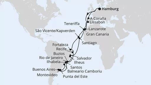 aida-mar_route_48-naechte-grosse-winterpause-brasilien-2025_kreuzfahrten-flemming AIDAmar Große Winterpause Brasilien zum Karneval